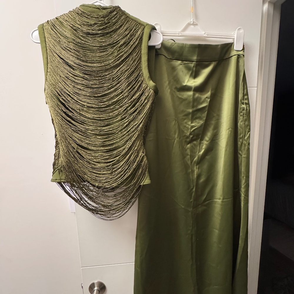 Olive green two piece top and skirt set